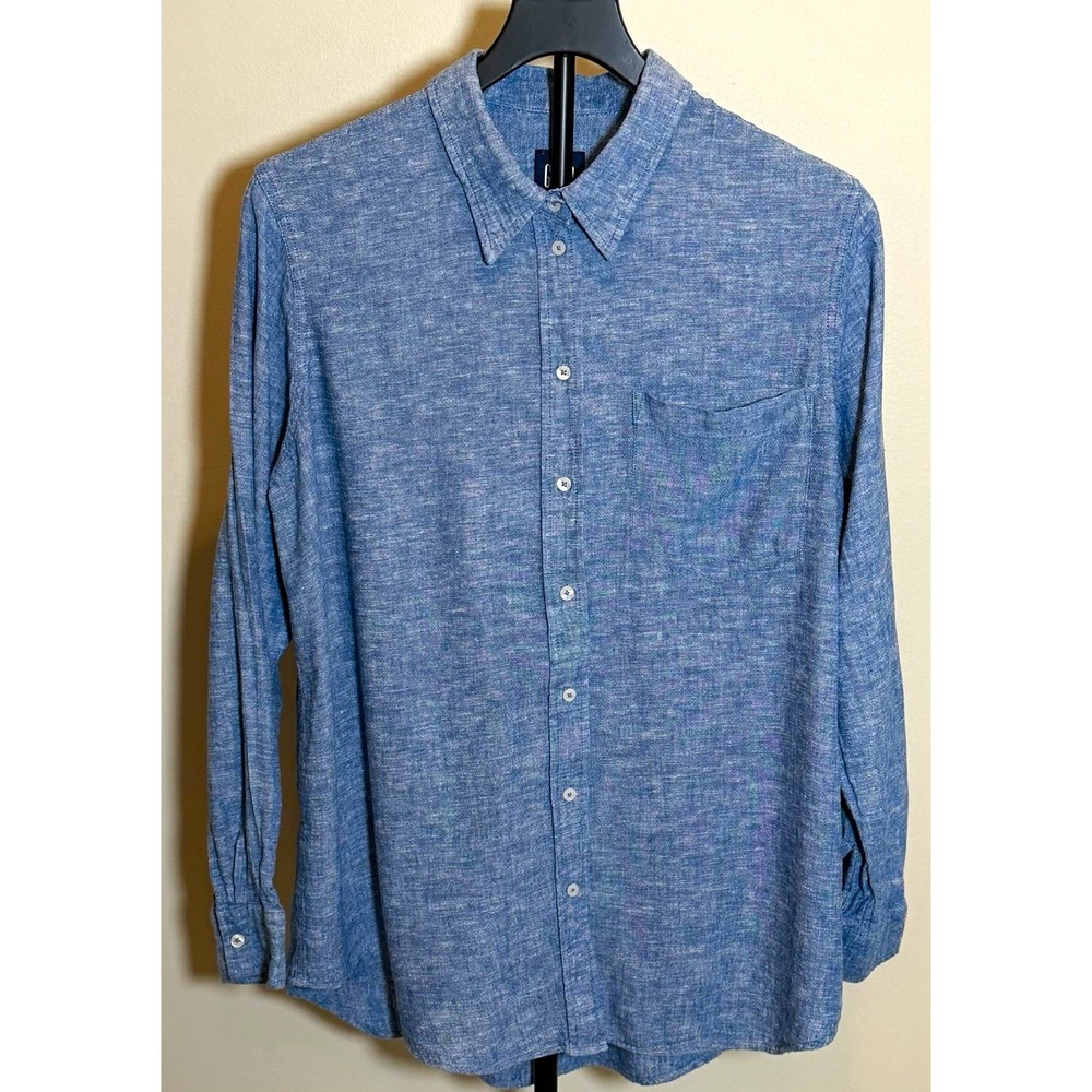 Gap Men's Linen Rayon Solid Blue Long Sleeve Woven Button-Up Shirt Size M